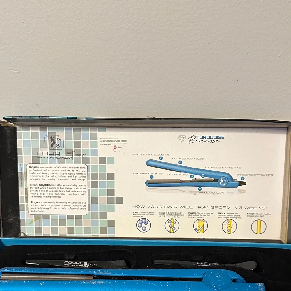 Royale Pro Turquoise Breeze Hair Straightener with 2 Clips. NWT
